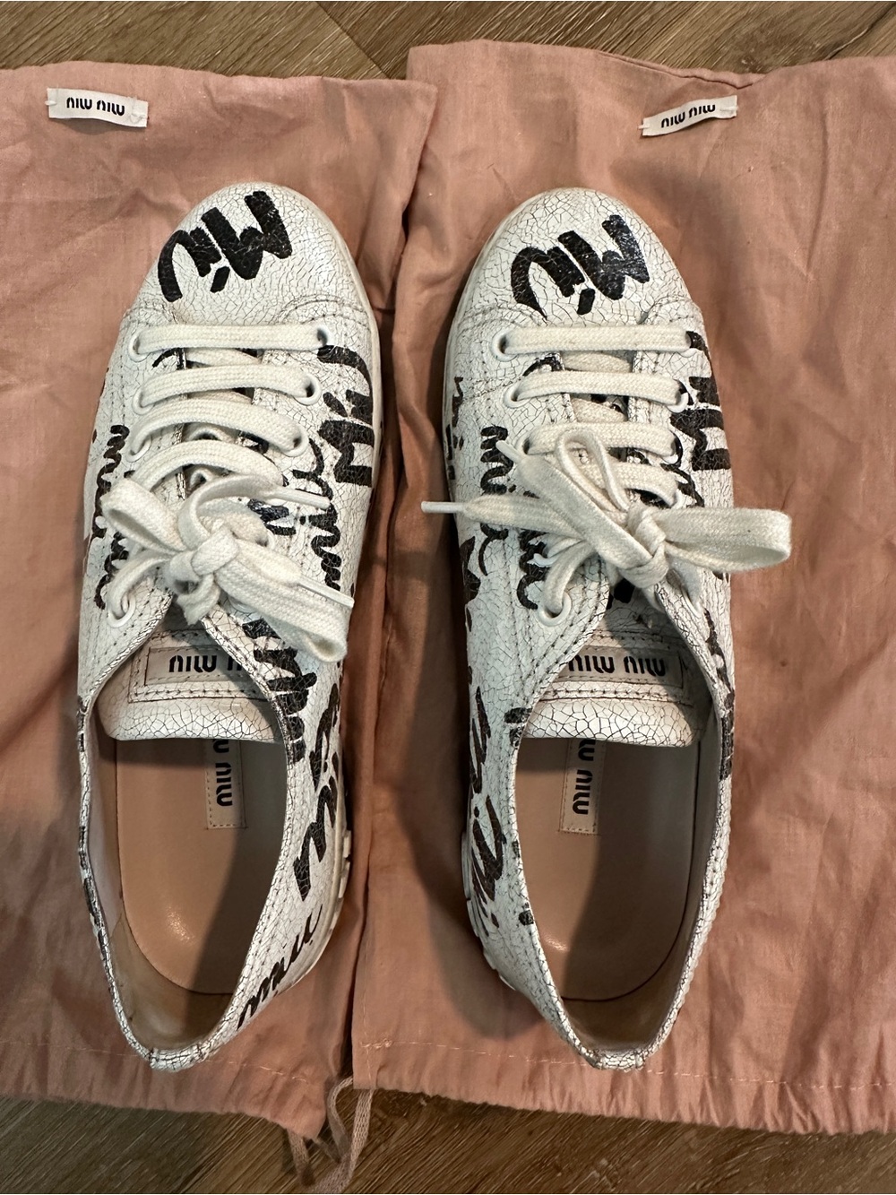 Miu Miu White Leather Sneakers with Black Script US6.5 EU37
